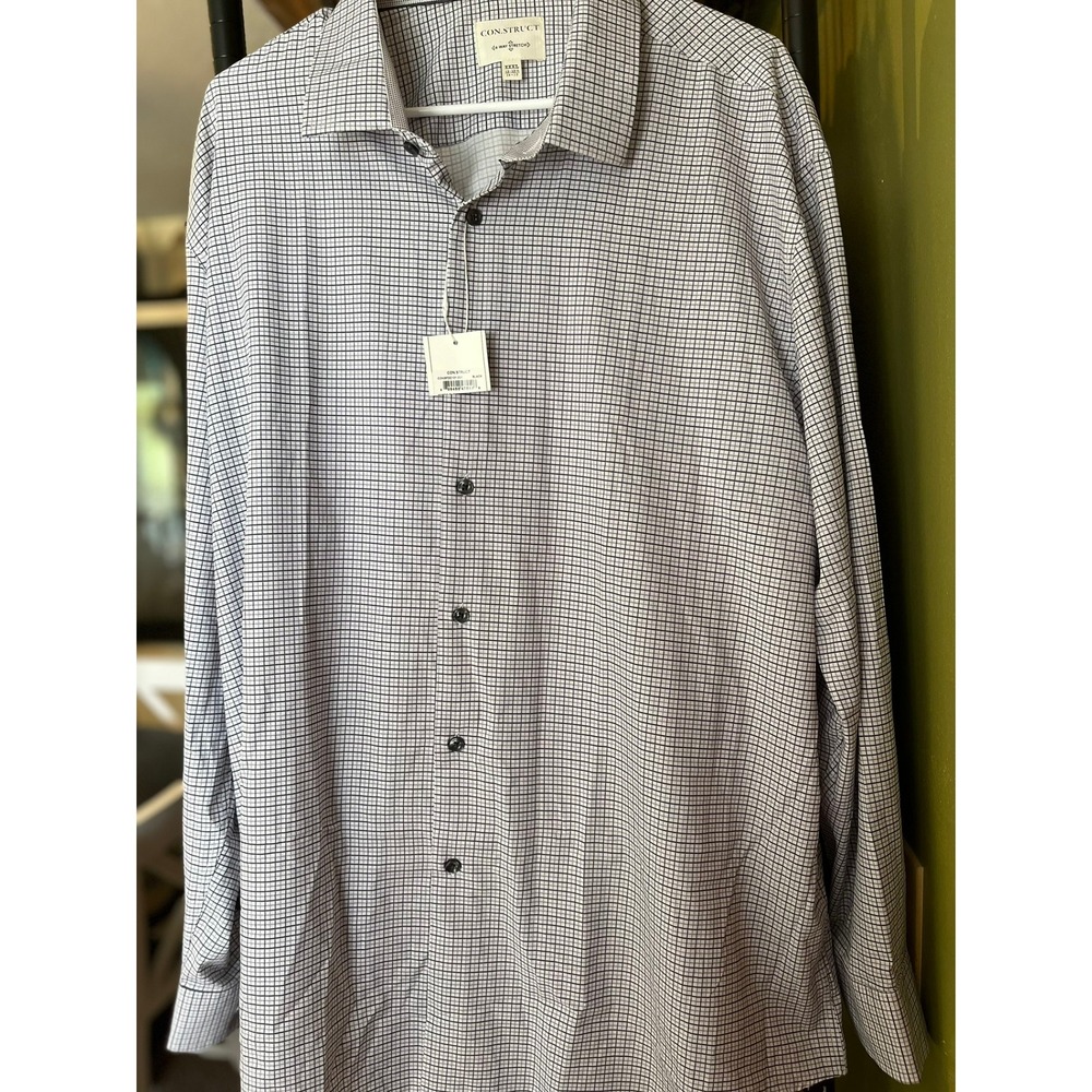 Con.Struct XXXL Dress Shirt 4-Way‎ Stretch Blue Gray Grid Check Plaid